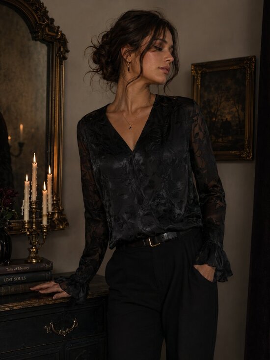 White House Black Market Tops - White House Black Market Black Wrap Blouse Sheer‎ Sleeves Silk Blend Whimsigoth